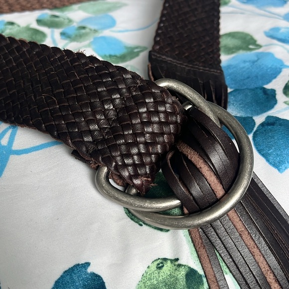 J CREW Vintage Boho Braided Leather Fringe Belt with Silver Ring - Brown M/L - Picture 5 of 9